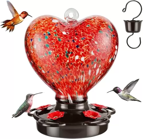 Heart Shaped Hummingbird Feeder for Outdoors Hanging, Hand Blown Glass, 28 fl.oz, Leak Proof & Rustproof, Includes Ant Moat, Stylish Garden, Outside & Backyard Decor, for Loved Ones, Red