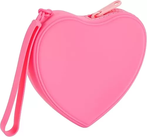 Heart Shaped Portable Silicone Makeup Bag for Women Girls, Small Travel Lovely Waterproof Toiletry Cosmetic Bag, Zipper Closure Organizer Heart Makeup Case with Handle (Pink)