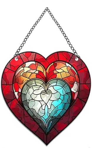 Heart-Shaped Stained Acrylic Window Hanging, Red Heart Acrylic Window Decor Stained Panel Hangings Wall Art Decor for Valentine's Day Birthday Home Party Decorations, Red