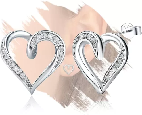 Heart Stud Earrings for Women - Sterling Silver Love Heart-Shaped Post Earrings for Lady Hypoallergenic Cubic Zirconia Classic Jewelry Gifts for Her Wife Mother