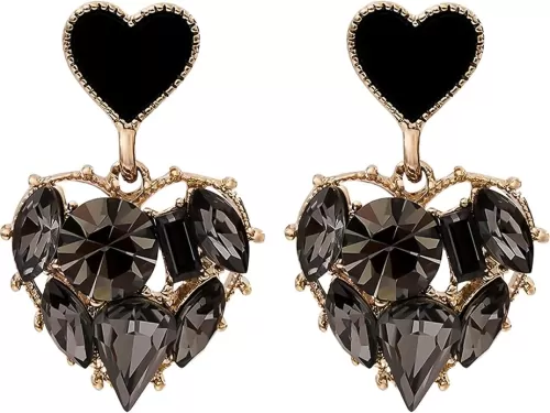 HETICA Double Heart Earrings for Women, Black Cubic Zirconia Heart Drop Earrings Love Heart Dangle Earrings Jewelry Gifts for Women