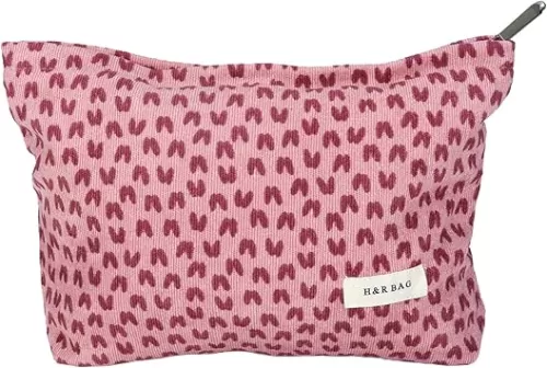 HEY M&Q Corduroy Pink Heart Make up Bag for Women Small Makeup Pouch Travel Toiletry Bag Portable Cosmetic Bag Versatile Zipper Pouch
