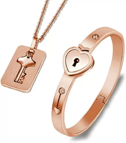 His and Hers Korean Style Rosegold Stainless Steel Hold The Key to My Heart Forever Lock Bangle Bracelet and Key Pendant Necklace Set-BR399