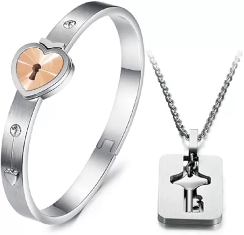 His and Hers Korean Style Stainless Steel Hold the Key to My Heart Forever Bangle Bracelet and Pendant Necklace-BR398