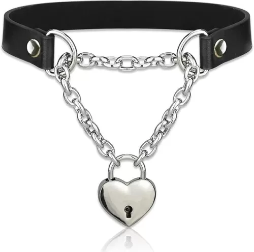 HUASAI Slip Chain Necklace for Women Gothic Punk Heart Choker Collar Necklace Heart Locker With Key PU Leather Silver Chain Necklace Jewelry Gifts