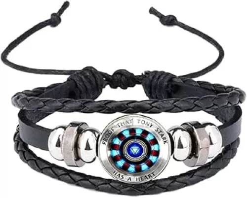 Ironman Heart Glass Domed Braided Leather Bracelet