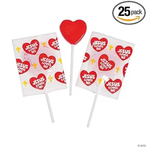 Jesus Loves Me Heart Lollipops, Strawberry Flavored, 25 Count, 1.25 Inch Sucker with 4 Inch Stick