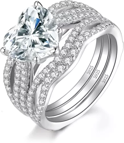 JewelryPalace Love Heart 3ct Cubic Zirconia Solitaire Engagement Rings for Women, 925 Sterling Silver Promise Ring for her, Simulated Diamond Twisted Anniversary Wedding Ring Band Enhancer Bridal Sets