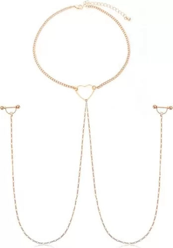 JFORYOU Nipple Ring with Choker Necklaces Stainless Steel Nipple Rings Chain Heart Cat Head Punk Chokers for Women Nipple Barbell Piercing Jewelry