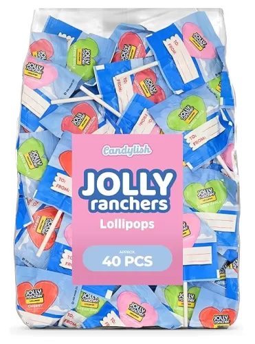 Jolly Ranchers Heart Lollipops – 40 Count Bag – Bulk Valentine Candy, Assorted Fruit Flavors – Heart-Shaped Lollipops for Parties, Classroom Exchange, Candy Buffets, and Gifting