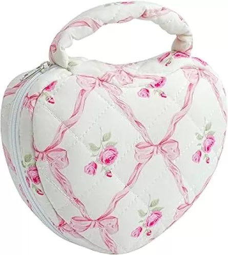 JOVAKIT Quilted Heart Shaped Makeup Bag Cosmetic Bag for Women with Handle, Floral Coquette Cotton Travel Makeup Case Toiletry Zipper Make Up Pouch, Travel Storage Organizer Stuff (Pink Bowknot)