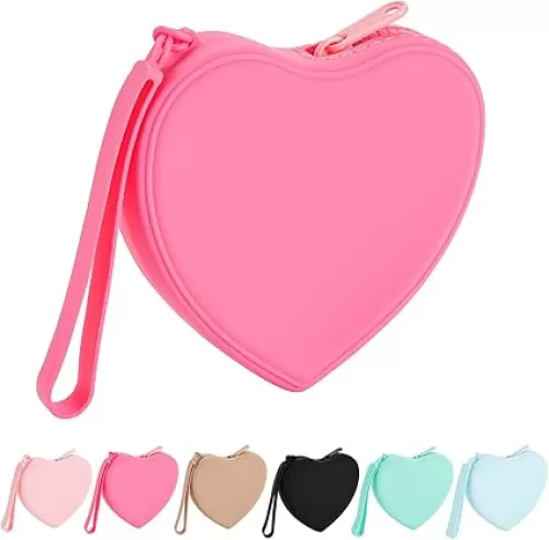 JOVAKIT Small Heart Shaped Portable Silicone Makeup Bag for Women, Travel Waterproof Cosmetic Bag Gifts for Women Girls, Zipper Closure Makeup Case with Handle (Red)