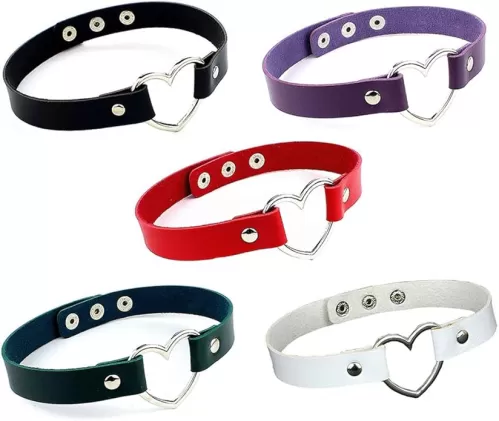 Juland 5PCS Heart Choker Necklace PU Leather Goth Choker Collar with Heart Ring Punk Rock Collar Adjustable Size - Black White Red Green Purple