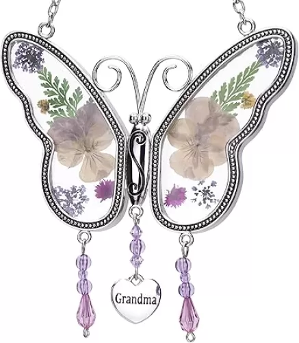 Laraine Butterfly Suncatcher with Pressed Colourful Flower Wings Mom Mother's Day Butterfly Glass Wind Chime Ornament Charm with Metal Heart Gifts for Mom Grandma Birthday (Yellow Grandma)