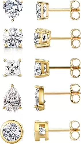 LUCA SMITH 5 Pairs 14K Gold Plated CZ Stud Earrings for Women Men Girls, 925 Sterling Silver Post Simulated Diamond Round Square Pear Shape Water Drop Shape Heart Shape Hypoallergenic Clear Cubic Zirconia Ear Pierced Stud Set