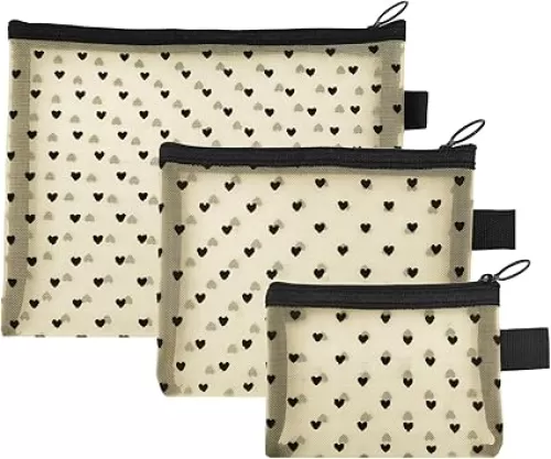 LYDZTION 3Pcs Mesh Makeup Bag Heart Cosmetic Bag Travel Organizing Pouch with Zipper, Portable Makeup Purse Bag for Home Office Daily Toiletries Accessories (Beige, 3 Sizes)
