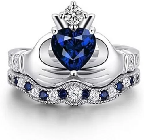 Lzz Women's Fashion Jewelry 925 Sterling Silver Analog Sapphire Heart Shape Ireland Claddagh Wedding Ring Set Cubic Zirconia Gemstone Ring Size 5-10
