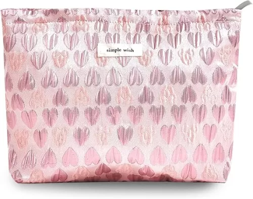 Makeup Bag Cosmetic bag Preppy Canvas Toiletry Bag for women Cute zipper pouch Organizer Travel accessories (Pink Heart, Large)
