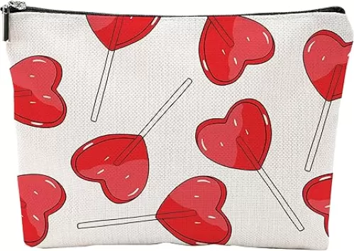Makeup Bag For Woman, Makeup Bag Organizer, Cosmetic Pouch-Multifunctional Toiletry Bag-White & Red Heart Print Canvas Zipper Cosmetic Bag-Gift For Family & Friends-A07
