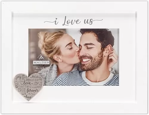 Malden International Designs 4x6 I Love Us Picture Frame Raised White Outer MDF Wood Moulding White Wood Grain Finish Mat With Gray Screenprinted Text Silver Finish Metal Heart Attachment