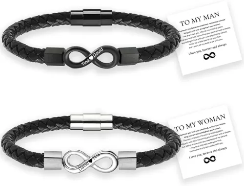 Matching Couple Love Promise Bracelet, to My Man/Woman Bracelet, Personalized Dual Name Infinity Leather Bracelet, Custom Name Stainless Steel Braided Cuff Bracelet for Men/Women
