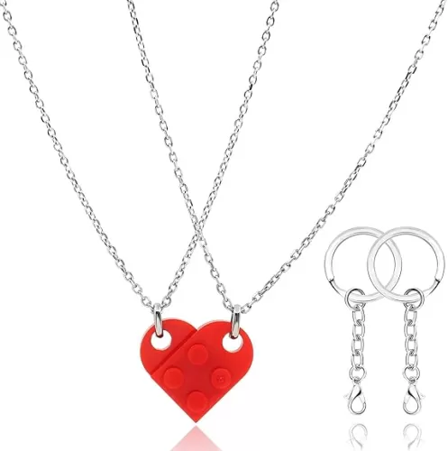 Matching Necklaces for Couples, Cute BFF Jewelry Friendship Red Brick Heart Pendant Necklace Set for 2 Best Friends