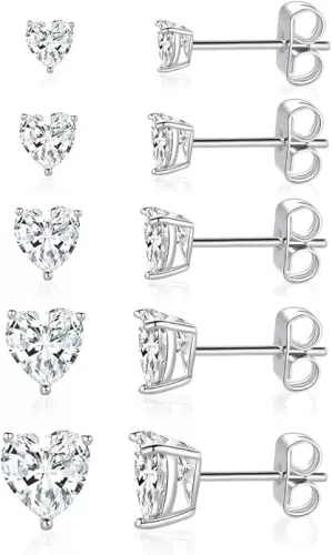 MDFUN 18K White Gold Plated Heart Shape Cut Cubic Zirconia Birthstone Stud Earring Pack of 5 Pairs