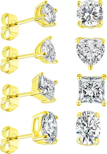 MDFUN CZ Stud Earrings Set 4 Pairs, Multiple Shapes - Round Heart Princess Cut Oval Clear Cubic Zirconias, White Gold/Rose Gold/Gold