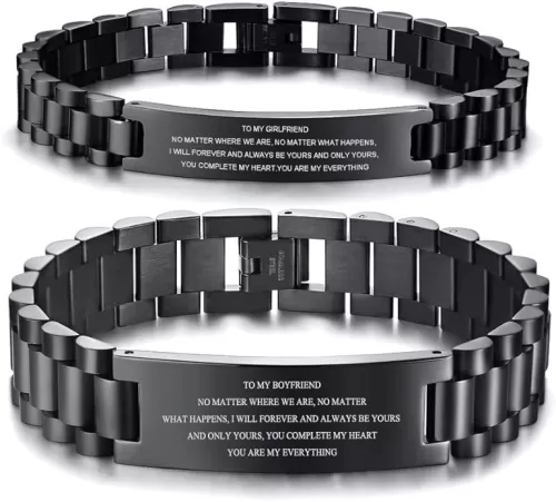 MEALGUET His & Hers Stainless Steel Love Quote Engraved Couple Link Bracelets Wristband for Boyfriend Girlfriend, Love Gift for Valentine