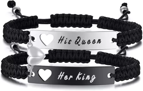 MEALGUET Personalized Stainless Steel Braided Rope Adjustable Hollow Heart Couples Bracelet Distance Matching Bracelets for him and her, His Hers Handmade Macrame Couple Lover Bracelet
