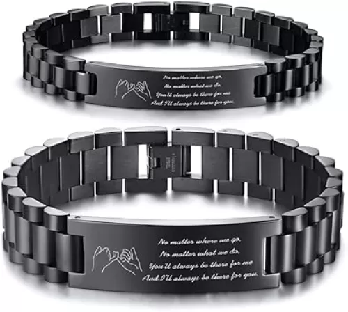 MEALGUET Pinky Promise His & Hers Stainless Steel Custom Love Quote Couple Link Bracelets Wristband for Lover Husband Wife Boyfriend Girlfriend, Valentine
