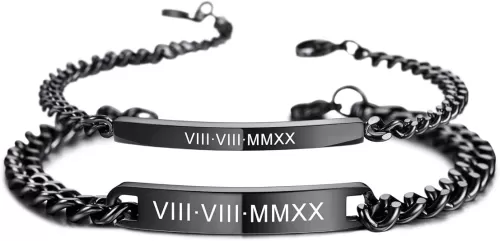 MeMeDIY Personalized Couple Bracelets Set Custom Engraving Name/Date for Men Women Boyfriend Girlfriend Stainless Steel Adjustable Ankle Curb Link Love Relationship Valentine