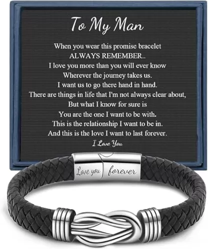 Memgift Knot Bracelets Gifts for Man Christmas Valentines day Gifts Black Braided Leather Infinity Bracelets Lettering Love You Forever Gifts for Son Grandson Husband Boyfriend Brother Man