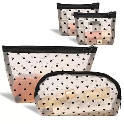 MHDGG Heart Print Mesh Makeup Bags, 4 Pieces Cosmetic Bags for Women, Mini Zipper Portable Travel Organizing Pouch, Purse Makeup Pouches, Pencil Case, Travel Accessories