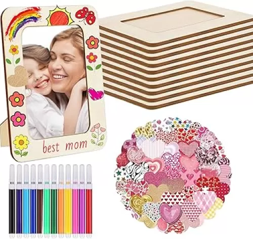 MineIdea 10 PCS DIY Wooden Picture Frames with Protector Films, 4 x 6 in Photos Wood Picture Frames for Crafts, Unfinished Wood Frames Craft Kit with 12 Color Pens for DIY Craft (with Heart Stickers)