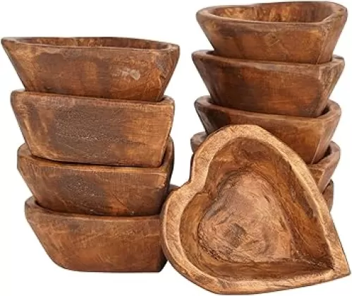 Mini Heart Wood Bowls Stained- Set of 10 -Heart Shaped Wood Bowl- Hand Carved Bowls (For Candles)