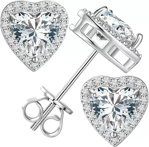 Moissanite Heart Earrings Stud Screw Back 0.3-2.0ct 4-8mm 18K White Gold Plated 925 Sterling Silver Moissanite Halo Stud Earrings for Women