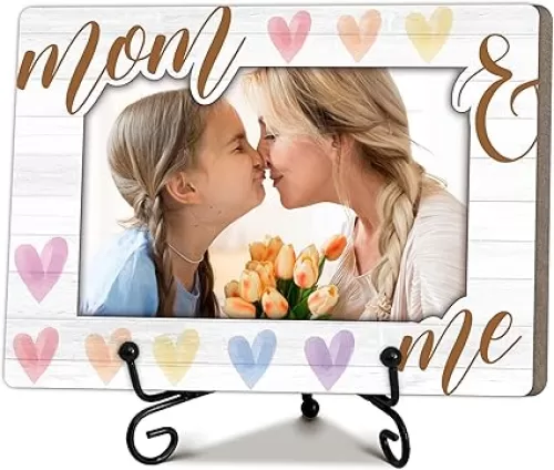 Mom & Me Picture Frame-Wood Photo Frame for Mom-Heart Printed Wood Frame with Stand-Christmas Mother's Day Thanksgiving Birthday Gifts for Mother-8x6 Photo Frame for 4x6 Photos-A03