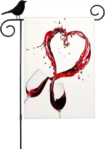 Mugod Valentine Couple Love Garden Flag Vertical 12.5x18 Inch Double Sided, Heart Shaped Splashing out of Two Glasses Red Wine Home Yard Flags for House Outdoor Decor Porch Patio Lawn