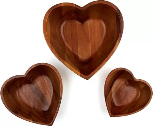 Nambe Eat Your Heart Out Nesting Bowls | Set of 3 Heart Shaped Wooden Serving Bowls | Acacia Wood | Designed by Mike Altomari