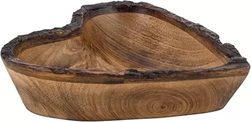 Natural Wooden Tray, Serving Bowl for Salad, Veggies and Fruits, Large Deep Tray for Family, Party (Heart Bowl Bark Edge)