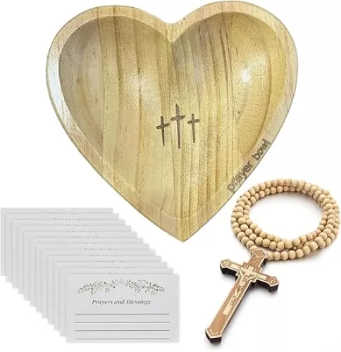 nezababycos Wooden Prayer Bowl with Cards Heart Shaped Bowl Wood Cross Necklace Christian Religious Gifts for Women Prayer Dough Bowl Decor For Easter Home Room Farmhouse