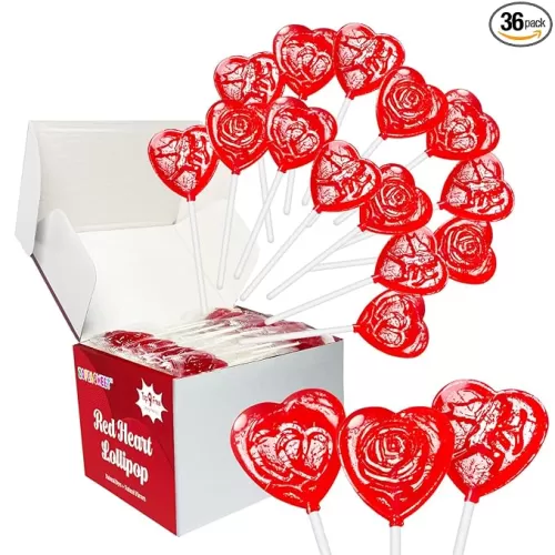 No Artificial Dyes or Flavors, 36 Pack Romantic 3D Red Heart-Shaped Lollipops Carvings In Flower, Arrow and Cupid, Lollipops suckers Individually Wrapped For Party Favors, Gluten Free Raspberry Flavor