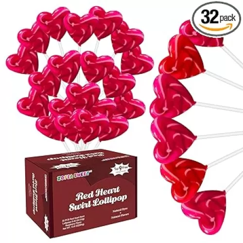 No Artificial Dyes or Flavors, Valentine's Day Red Heart Shaped Candy, 32 PK Individually Wrapped Bulk Swirl Lollipops Suckers For Party Favors, Gluten Free Candy Lollipops Raspberry Flavor