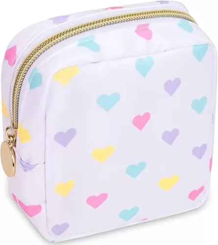 Nylon Mini Preppy Cute Makeup Bag - White Heart: Waterproof Zipper Pouch for Travel, Storage - Small Cosmetic Purse Organizer