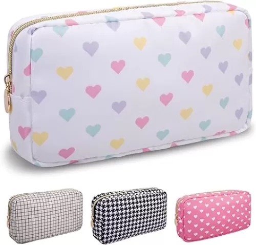 Nylon Small Makeup Bag for Purse, Cute Makeup Bag Preppy Cosmetic Zipper Pouch Purse, Waterproof Portable Travel Toiletry Bag Clutch Makeup Brush Bag Organizer Storage for Women Men Girl(White-Heart)