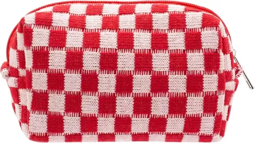 PAZIMIIK Checkered Makeup Bag for Purse Portable Zipper Make Up Pouch Small Cosmetic Case for Travel Accessories Pink White