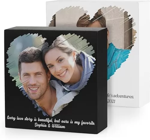 Personalized Favors Custom Wooden Photo Prints, Customize Your Own Picture Frame with any Photo in Heart Shaped & Names, 5x5 Inches, Picture Wooden Block Gift Idea With Your Own Photo, Couples Gifts