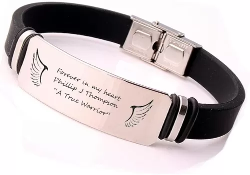 Personalized Memorial Jewelry, Forever in My Heart Angel Wing Stainless Steel with Silicone Band Bracelet