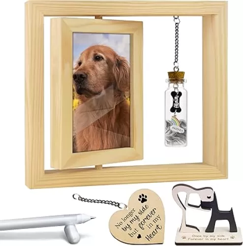 Pet Memorial Gift for Dogs Cats, Natural 360 Rotating Wooden Picture Frame 6x4 Photo, Pet Hair Keepsake Fur Jar Rainbow Bridge , No Longer By My Side But Forever in My Heart, Animal Loss Gift PKX-3N